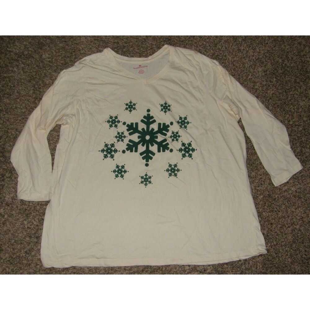 WOMAN WITHIN Snowflake Print Plus Sz 30/32 Cream Long Sleeve Holiday Tee Shirt